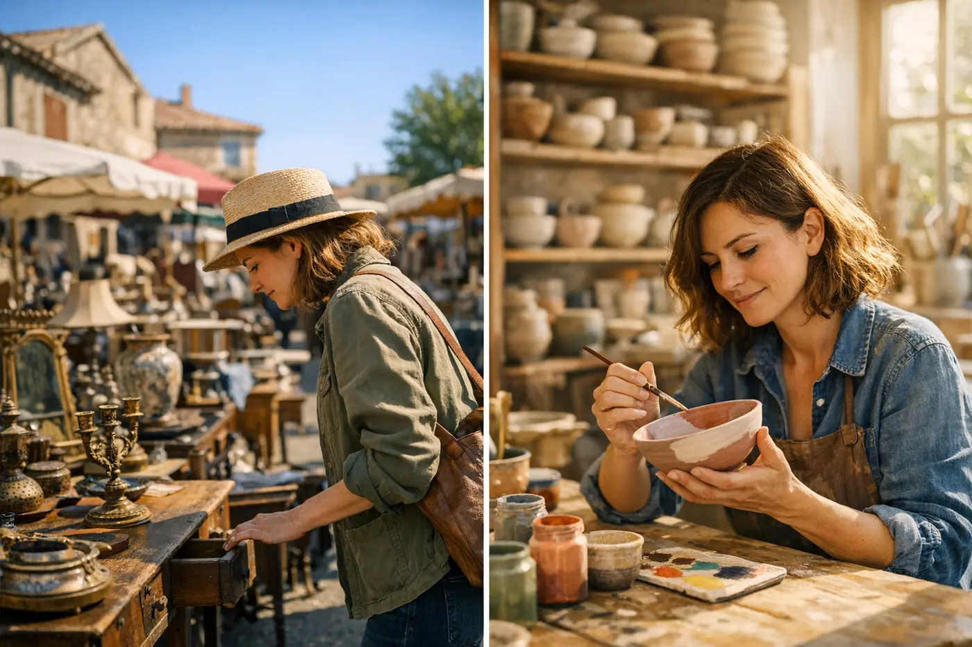 Un voyageur explore un marché aux puces local et un atelier poterie grâce aux recommandations Guideo