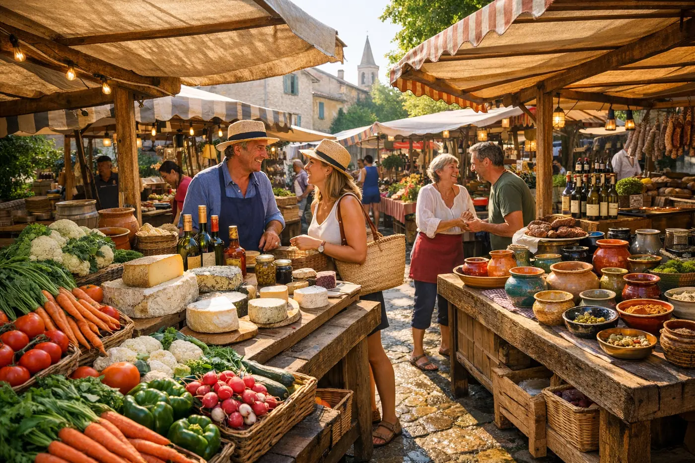 Un marché local animé avec des producteurs et artisans, mis en valeur par les recommandations Guideo