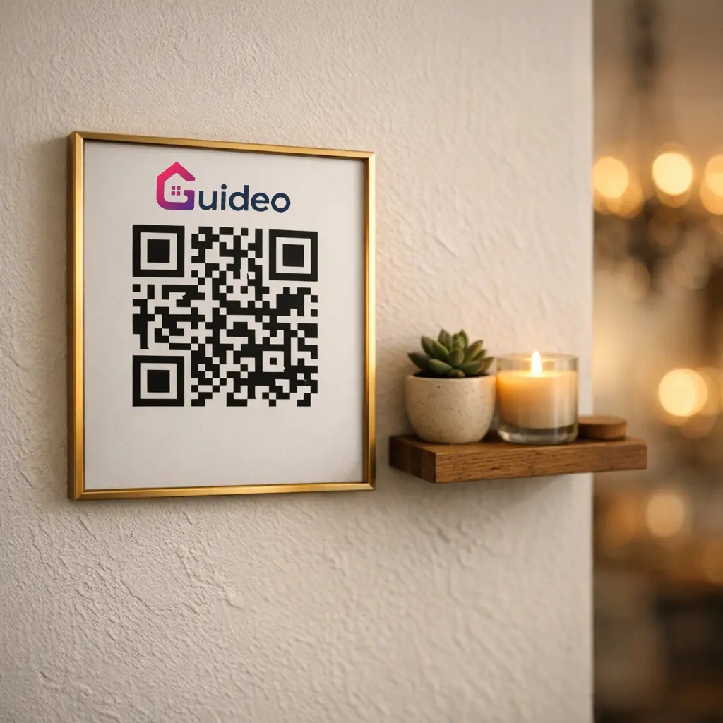 QR code Guideo affiché dans un cadre élégant dans un appartement en location saisonnière