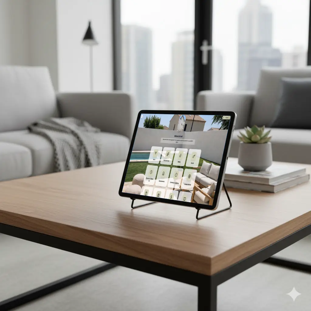 Tablette sur pied à l'entrée d'un gîte affichant le livret d'accueil numérique Guideo